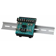 Din rail mounted distribution board accepting 48V AC/DC input and providing four outputs. Constructed of phenolic/fiberglass for use in control panels and equipment racks where organized power splitting is required.