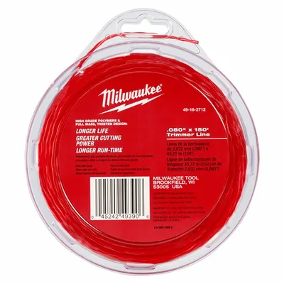 MILWAUKEE String Trimmer Line: High Density Polyethlyene, 0.08 in Dia, 150 ft Overall Lg