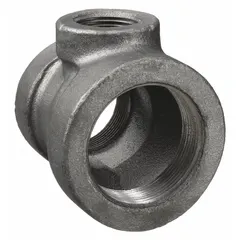 Threaded pipe tee with reducing branches for low-pressure water, air, or steam systems. Cast iron construction with Class 125 rating. Maximum operating pressure 175 psi at -20° to 150°F. Threaded x Threaded x Threaded connections.