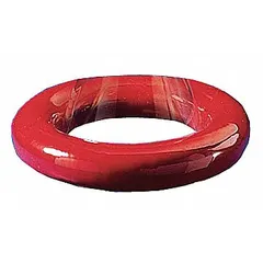 This flask stabilizer is made of coated lead with a red vinyl coating. It has an inside diameter of 2.2 inches and an outside diameter of 4 inches. Used to secure round-bottom flasks on lab benches or ring stands, preventing tipping during experiments.