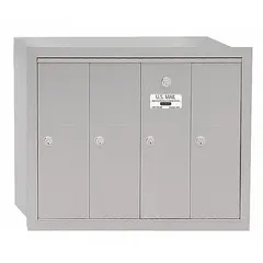 Vertical multi-unit mailbox with 4 lockable doors, designed for recessed mounting with front access. Measures 19 in H x 24 3/4 in W x 7 1/2 in D. Suitable for secure mail distribution in multi-tenant residential or commercial settings.