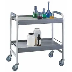 Steel lab cart with one compartment and rigid PVC extrusions on two sides. Overall dimensions: 34-7/8 in length, 19 in width, 36-3/8 in height. Suitable for transporting chemicals and laboratory equipment.