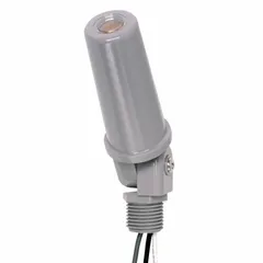 Thread stem photocell mounting for adjustable stem-mounted photocells with swivel arms. Features a 1/2 in stem diameter, SPST switching, and operates at 120V AC. Includes a washer gasket for installation. Used in outdoor lighting control for automatic on/off switching based on ambient light levels.