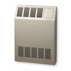White cabinet for recessed installation of kickspace hydronic heaters in floors or walls. Overall dimensions: 24 in H x 18 in W x 4-3/8 in D. Rough-in opening: 23-7/8 in H x 17-7/8 in W x 4-3/8 in D. Provides a clean enclosure for heating units in toe-kick areas or similar spaces.
