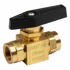 This CHIEF panel-mount ball valve is made of brass with a straight three-piece design. It features 3/8 inch FNPT x FNPT connections and a lever handle, rated for 1000 PSI. Suitable for on/off control in plumbing and industrial piping systems.