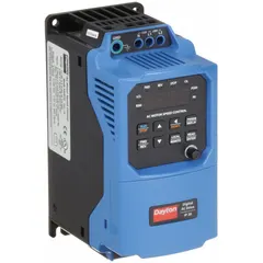 This Dayton Digital Drive converts single-phase input to three-phase output, rated for 1 hp with a maximum output current of 4 A. It is designed for variable speed control of three-phase motors in industrial applications. The unit features a Black/Blue/Gray color scheme.