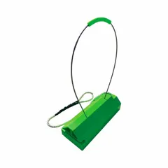 Urethane aircraft wheel chock, 20 in length, 8 in width, 7 in height. Used to secure parked aircraft by preventing wheel movement in ground handling operations.