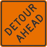 Rigid orange aluminum detour sign, 0.080 in thick, with nominal size 36 in x 36 in. Features High-Intensity Prismatic retroreflective grade for enhanced visibility. Complies with MUTCD type W20-2D for temporary traffic control in construction zones