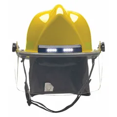 Yellow polyetherimide fire helmet with modern rear brim. Includes chin strap and Standard Sure-Lock(R) Ratchet Headband suspension. Used for firefighting and rescue operations requiring head protection against impact and heat.