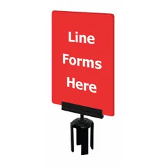 Red acrylic sign displaying 'Line Forms Here' message. Includes mounting adapter for use with Tensabarrier posts. Overall dimensions: 11 in length, 7 in width. Used to direct pedestrian queue formation in public or commercial areas.