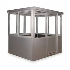 Assembled aluminum guard building measuring 8 ft x 8 ft x 8 ft with 8 windows. Does not include an A/C unit. Suitable for use as a security checkpoint, gatehouse, or monitoring station in commercial and industrial settings.