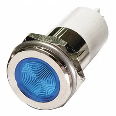 Blue LED pilot light with flush head design for 16 mm panel mounting holes. H16 profile. Electrical connection via 0.11 male quick disconnect. Used in industrial control panels and machinery for status indication.