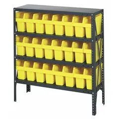 This metal stationary bin shelving unit includes 24 yellow polypropylene open-front shelf bins, each 8 in x 4-3/8 in x 17-7/8 in, mounted on a gray steel frame. The 1-sided design provides organized storage for small parts, components, or supplies in industrial warehouses, workshops, and assembly lines.