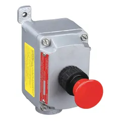 This push-button control station features a mushroom head emergency stop operator with maintained action. It is configured with one normally open and one normally closed contact (1NO/1NC) and includes an Emergency Stop legend. Suitable for industrial environments requiring a maintained emergency stop function.