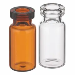 This 5 mL amber glass serum vial features a round bottom and is self-standing for stable placement on workbenches or in racks. The amber color provides protection for light-sensitive contents. It is commonly used for storing and handling serum samples in laboratory environments.