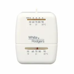 Analog thermostat for heat and cool applications, operating at 30V AC. Features manual changeover with system settings for Cool-Heat-Off, slide switch control, and Auto-On fan settings. Temperature control range 50° to 90°F with differentials of 2°F heating and 4°F cooling. Includes terminal designation Y. Suitable for residential or light commercial HVAC systems.