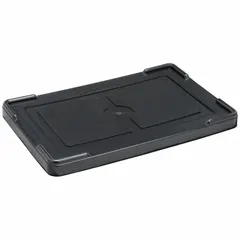 Black plastic ESD static-control lid for divider boxes. Measures 14-7/8 x 9-1/4 in. Compatible with QUANTUM STORAGE SYSTEMS model DG92080CO. Used to cover and protect sensitive electronic components in static-safe storage systems.