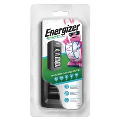 This ENERGIZER battery charger is designed for Nickel-Metal Hydride (NiMH) rechargeable batteries in sizes 9V, AA, AAA, C, and D. It provides a recharge time of 2 to 8 hours and includes an AC power cord for convenient use. Suitable for maintaining batteries in various electronic devices and equipment.