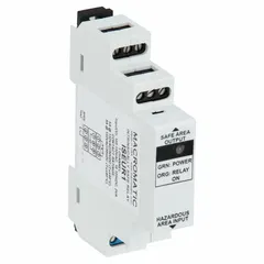 Combination DIN-rail and surface-mounted relay with a single normally open (NO) output. Accepts 102 to 132V DC input voltage; AC contact rating is 5 A at 125V. UL 913 certified for use in hazardous locations. Suitable for industrial control panels, automation systems, and safety circuits requiring a compact relay.