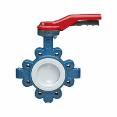 This ductile iron general-service butterfly valve features a concentric lug-style body, stainless steel disc, and PTFE and FKM seals. It is rated for a maximum pressure of 250 psi (CWP) and is operated by a lever handle. Suitable for on-off or throttling flow control in industrial piping systems.