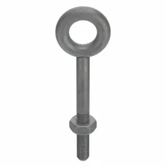 This machinery eye bolt without shoulder is made of galvanized steel for corrosion resistance. It has a 1"-8 thread size and 4 in thread length, and includes a nut. Used for lifting, rigging, and pulling applications in industrial settings.