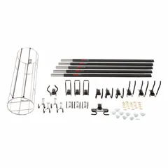 This wall-mount track system kit includes five 48-inch rails and multi-purpose hooks for organizing tools and equipment in garages, workshops, or utility spaces. Each multi-purpose hook supports up to 50 lb. The kit provides a flexible storage solution for hanging items on the rails.