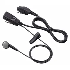 Wired earbud with shirt/lapel microphone and push-to-talk button. Single-wire design with two-pin connector. Compatible with ICOM F3210D series radios. Suitable for hands-free communication in industrial or field environments.