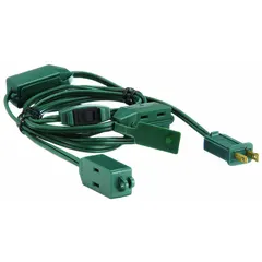 Indoor extension cord with 9 outlets, 9 ft length, and NEMA 1-15P plug. Constructed with 18/2 SPT-2 wire in a green block design. Temperature rating -4° to 221°F. Suitable for powering multiple devices from a single wall outlet in indoor settings.