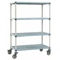 This mobile plastic shelving unit features four polymer shelves with quick-adjust design. Equipped with two swivel casters with brakes, it is antimicrobial and corrosion-resistant for use in wet environments. NSF approved. Overall height 67 inches.
