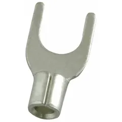 Non-insulated fork terminal for #8 stud size, accepting 22 AWG to 16 AWG wire. Standard fork shape rated for 600 V. Used for terminating wires to terminal blocks or studs in electrical connections.