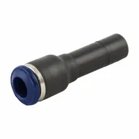 This nickel-plated brass tube fitting features a push-to-connect end for quick, tool-free installation and a tube stem end for secure connections. It is used in pneumatic systems and fluid-handling applications requiring reliable tubing connections. The black/blue color aids identification