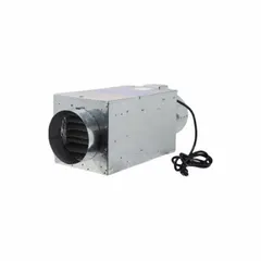 General purpose inline duct fan for moving air through 6-inch ducts. Features a variable-speed high-efficiency motor, ABS plastic blade, and galvanized steel housing. Operates on 120V AC, 1 phase, 60 Hz, 34 W. Includes power cord. Airflow range 0 to 249 cfm at 0.000 in SP.