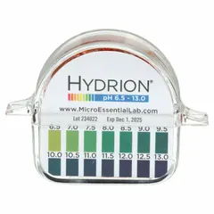 This HYDRION pH paper roll provides broad-range pH measurement from 0 to 13 pH with 0.5 pH resolution. The 15 ft long, 1/4 in wide roll delivers 100 tests for continuous use in water testing and chemical analysis applications.
