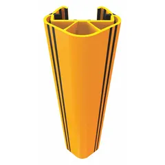 This snap-on pallet rack post protector is made of yellow polymer and mounts directly onto uprights. Measuring 3 in x 1 3/4 in x 24 in, it absorbs impacts from forklifts and pallet jacks without denting. The nonmetallic construction resists rust and corrosion, making it suitable for washdown environments. Typical applications include protecting warehouse uprights in distribution centers, manufacturing plants, and cold storage facilities.