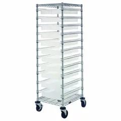 This vertical rack-style bin cart features 11 clear bins and 2 shelves for organized storage and transport of parts and components. The clear bins allow visual inventory identification. It includes two swivel casters with brakes for mobility and stability. Suitable for use in industrial facilities, warehouses, and workshops.