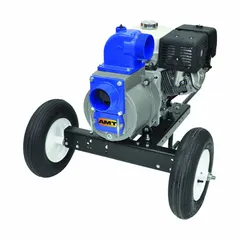 This portable engine-driven trash pump features a 13 hp CH440 engine, cast-iron volute, and 4 in MNPT inlet/outlet connections. It delivers 530 gpm at 20 ft of head and includes recoil-start ignition with an electric start kit. Mounted on wheels, it is suited for dewatering applications such as flood control, excavation, and wastewater transfer.