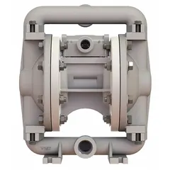 This air-operated double diaphragm pump features a stainless steel housing with 1/2 in NPT connections and a flow capacity of 12 gpm. It is equipped with a stainless steel seat and Buna-N check valves. Typical applications include transfer of corrosive fluids, chemicals, and wastewater in industrial environments.