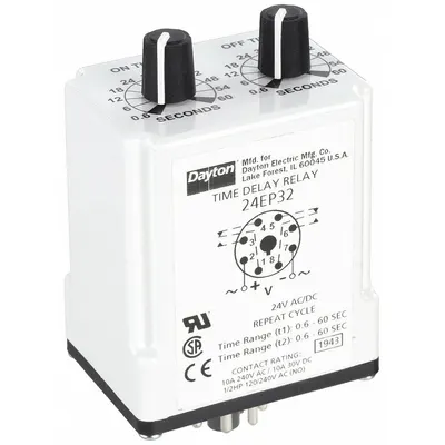 Dayton Single Function Time Delay Relay: Socket Mounted, 24V AC/DC, 10 A - Socket-Mounted Relays