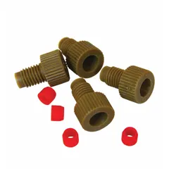 This polypropylene replacement tube fitting is designed for use with HPLC stainless steel manifolds in waste can systems. It serves as a direct replacement component to maintain secure connections in solvent waste collection setups. Compatible with manufacturer part number 28168.