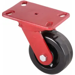 Swivel plate caster with a 5-inch diameter black phenolic wheel and 2-inch tread width. Roller bearings provide smooth rolling. Slot-type mounting on a rectangular plate. No brake. Suitable for medium-duty carts, racks, and light machinery on smooth floors.