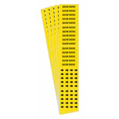 Yellow adhesive pipe markers with black legend text reading 'Sulfur Dioxide' and directional arrows. Each pack contains 5 markers (3 markers per pack) for pipes with an outside diameter of 3/4 inch and smaller. Used to identify pipes carrying sulfur dioxide in industrial piping systems.
