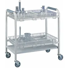 Steel basket for use with lab carts, designed to hold and transport glassware and small equipment. White finish. Overall dimensions: 18 in length, 16 in width, 4 in height.