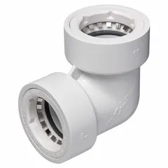 PVC irrigation elbow fitting with 1" push connections on both ends. Designed to redirect water flow in drip or sprinkler systems. Rated for a maximum working pressure of 150 psi. Dimensions: 3 inches height, 2.125 inches width.