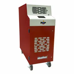 Indoor portable heat pump providing cooling and heating with 17,010 BtuH capacity. Operates on 115V AC and includes an air filter. Suitable for temporary climate control in commercial or industrial spaces.