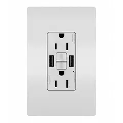 Duplex weather-resistant receptacle with two USB Type A ports, rated 125V AC, 15 A, 5-15R configuration, white, with GFCI protection. Suitable for indoor or outdoor locations requiring power outlets and USB device charging.