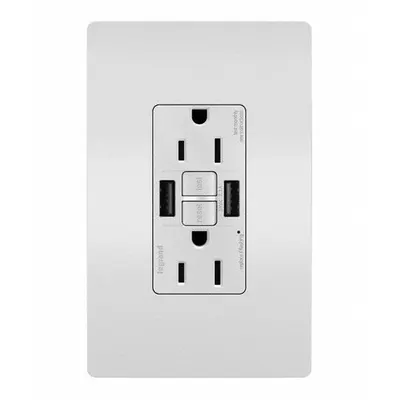 LEGRAND Receptacle: Duplex, 5-15R, 2 USB Ports, USB Type A, White, 125V AC, 15 A - Weather-Resistant Receptacles with USB Chargers