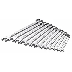 This 13-piece metric combination wrench set features 6-point openings and a 15° offset head angle for improved access in confined spaces. The wrenches are constructed from alloy steel with a chrome finish for corrosion resistance. Suitable for tightening and loosening fasteners in automotive, industrial, and mechanical applications. Includes a storage rack.