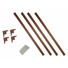 This mirror installation kit from MIRREDGE provides a decorative frame for mirrors in residential or commercial settings. It features a Royal Oak wood-grain finish and square corners, constructed from polymer plastic. The kit is non-lighted and measures 1 1/2 inches in height, 60 inches in width, and 1/4 inch in depth.