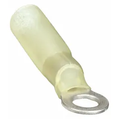 This ring terminal features heat shrink insulation that provides strain relief and protection against moisture, corrosion, and abrasion. Rated for 600 V, it is suitable for creating secure, weather-resistant electrical connections in industrial wiring applications.