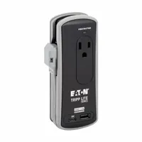 General purpose surge protector with 2 outlets and a 1 1/2 ft cord. Rated at 306 J surge energy and 13 A current. Features keyhole mounting for wall attachment. Suitable for basic power distribution and surge protection in travel or small electronics setups
